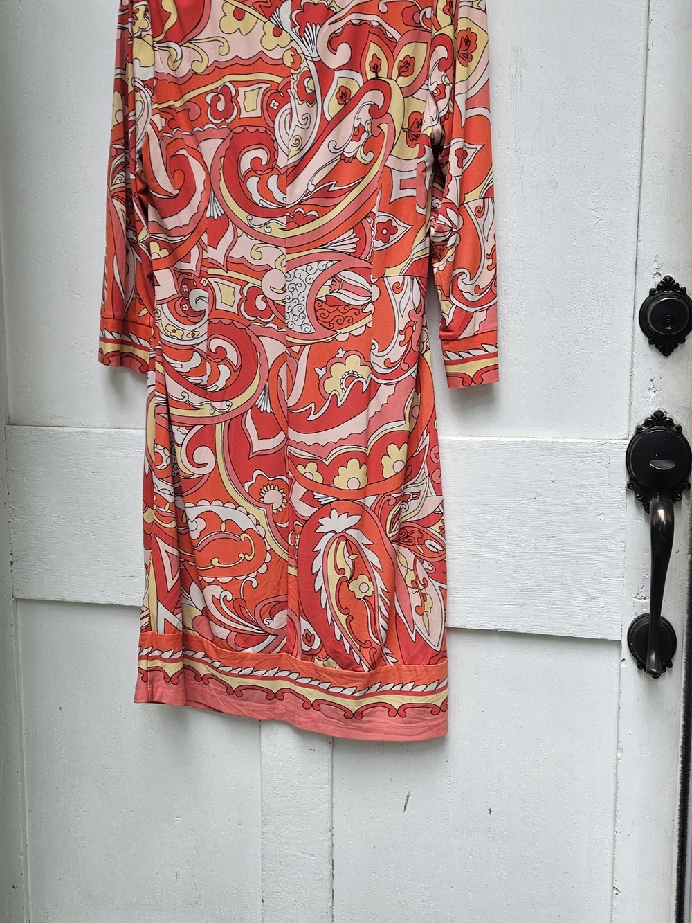 Donna Morgan Coral and Cream Paisley Long Sleeve Dress